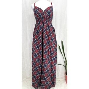 Vtg Y2K Plaid Babydoll Maxi Dress Women S Indie Grunge Academia Twee 100% Cotton